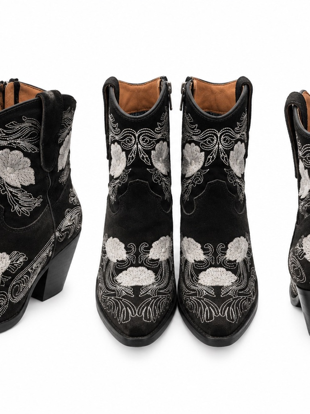 dingo Black Suede Ankle Boots with White Floral Embroidery